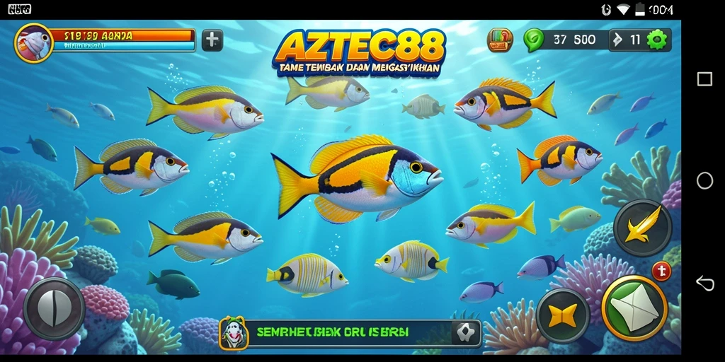 Screenshot gameplay AZTEC88 menunjukkan aksi menembak ikan yang seru.