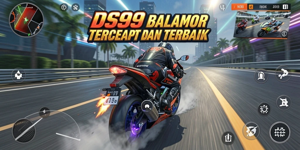 Screenshot DS99 menunjukkan aksi balapan motor yang seru dan intens.