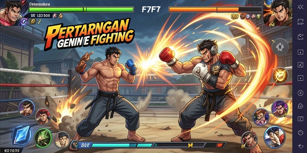 Screenshot F7F7 menampilkan aksi pertarungan intens dan karakter unik.