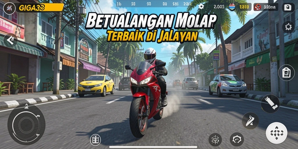 Tangkapan layar gameplay GIGA33 menampilkan aksi balapan motor yang mendebarkan.