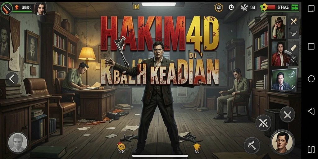 Screenshot utama HAKIM4D menampilkan suasana mencekam dengan karakter di ruang sidang.