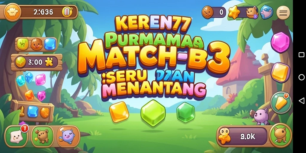 Tampilan gameplay KEREN77 dengan permata berwarna-warni yang saling terhubung.