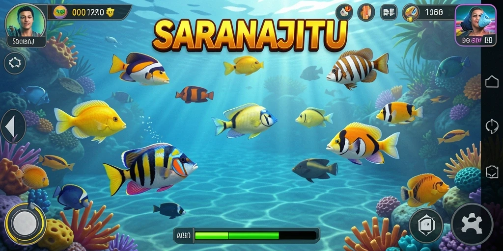 Tangkapan layar permainan Tembak Ikan SARANAJITU dengan grafik menarik.