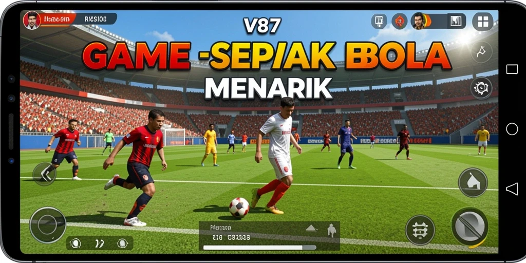 Menampilkan gameplay V87 dengan aksi sepak bola seru.
